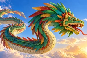 Serpiente emplumada de fantasía sobre un cielo claro.