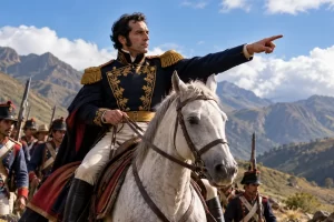 Representación artística de Simón Bolívar a caballo junto a un grupo de soldados.