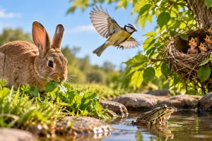 Una escena ilustrada con un conejo que come hierba, aves en un nido y una rana junto al agua.