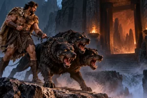 Representación artística de Heracles junto a Cerbero, un perro mitológico con tres cabezas.