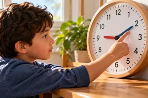 Un niño señala las manecillas de un reloj analógico de doce horas.