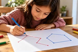 Niña dibujando una línea poligonal abierta y otra cerrada.