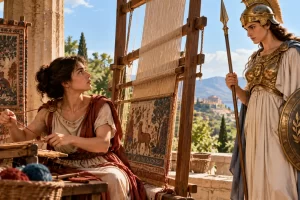 Aracne ante su telar mientras la visita Minerva.