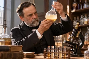 Ilustración de Louis Pasteur observando un recipiente en un laboratorio.