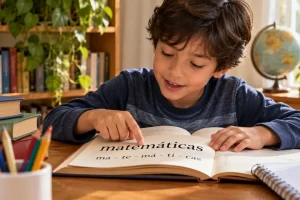 Un niño observa la palabra matemáticas y su separación en sílabas.