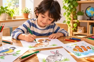 Un niño dibuja animales y reúne varias ilustraciones sobre una mesa.