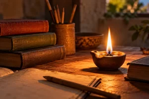 Libros y una lámpara de aceite encendida sobre una mesa de estudio.