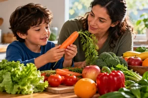 Un niño y un adulto observan una zanahoria entre frutas y verduras.