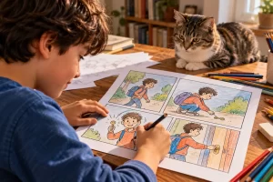 Un niño organiza una historieta de cuatro viñetas sobre una mesa.