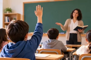 Estudiante levantando la mano para preguntar en el aula.
