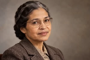 Retrato artístico de una mujer con gafas inspirado en Rosa Parks.