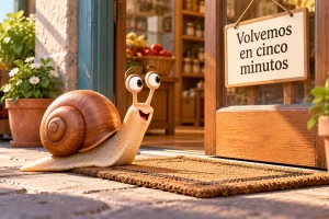 Caracol de dibujo animado sobre un felpudo ante el cartel Volvemos en cinco minutos.