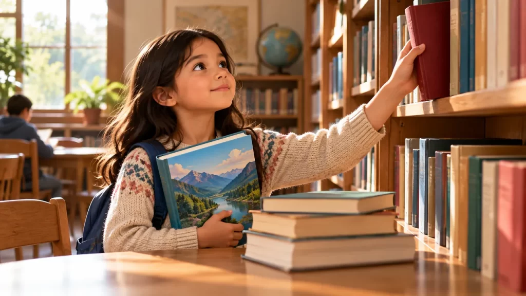Una niña elige un libro en una biblioteca.