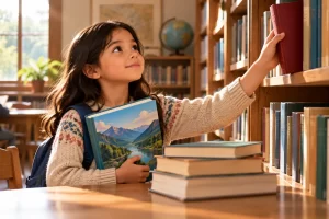 Una niña elige un libro en una biblioteca.