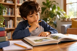 Un niño lee un libro y se detiene a pensar con un lápiz en la mano.