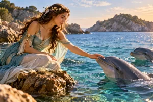Representación imaginada de una ninfa del mar junto a delfines.