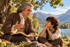 Recreación imaginada de un educador del siglo XVIII conversando con un niño al aire libre.