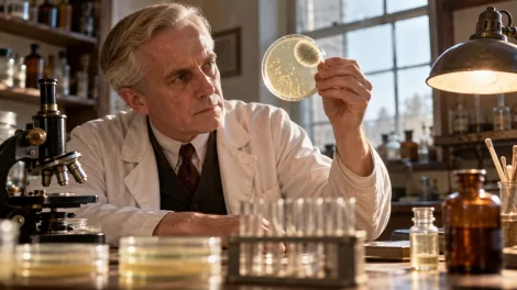Recreación de un investigador con bata que observa una placa de laboratorio junto a un microscopio.