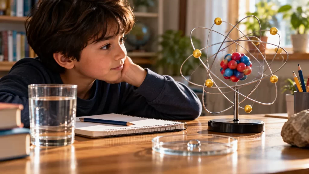 Un niño observa un modelo de bolas y aros que representa un átomo.