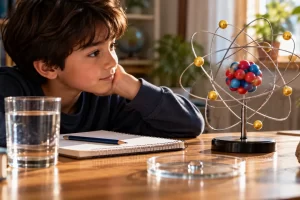 Un niño observa un modelo de bolas y aros que representa un átomo.