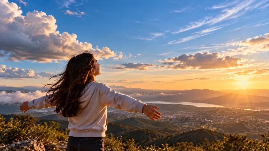 Qué es la atmósfera y cómo se organizan sus capas 1 Una niña siente el viento en un paisaje abierto bajo un cielo con nubes.