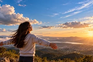 Una niña siente el viento en un paisaje abierto bajo un cielo con nubes.