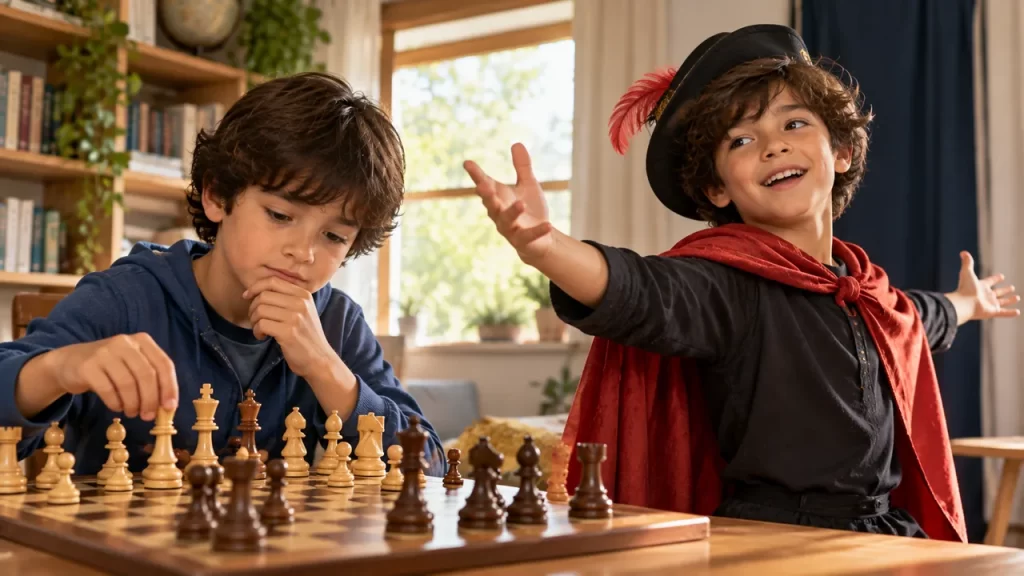 Dos niños, uno jugando al ajedrez y otro haciendo teatro, comparten una mesa.