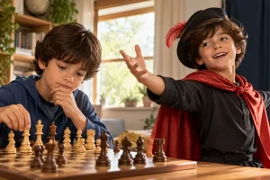 Dos niños, uno jugando al ajedrez y otro haciendo teatro, comparten una mesa.