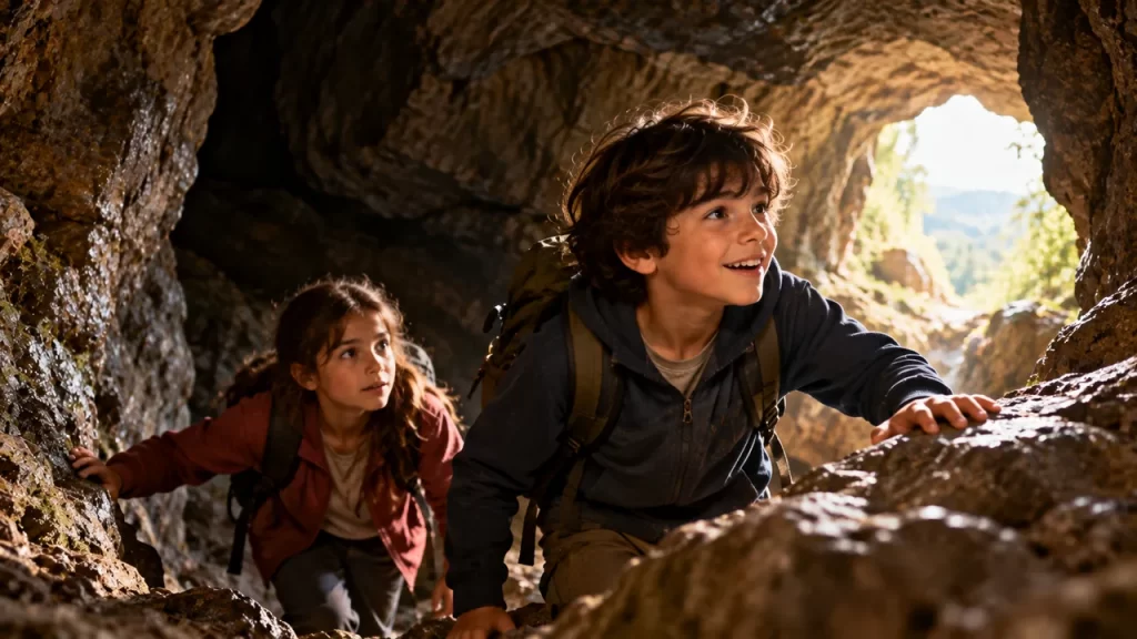 Dos niños encuentran la salida iluminada de una cueva imaginada.