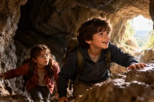 Dos niños encuentran la salida iluminada de una cueva imaginada.