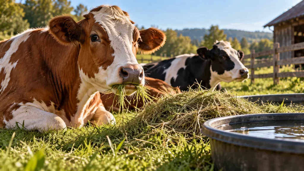 Qué comen las vacas y por qué vuelven a masticar 1 Vacas descansando y comiendo heno en un prado.