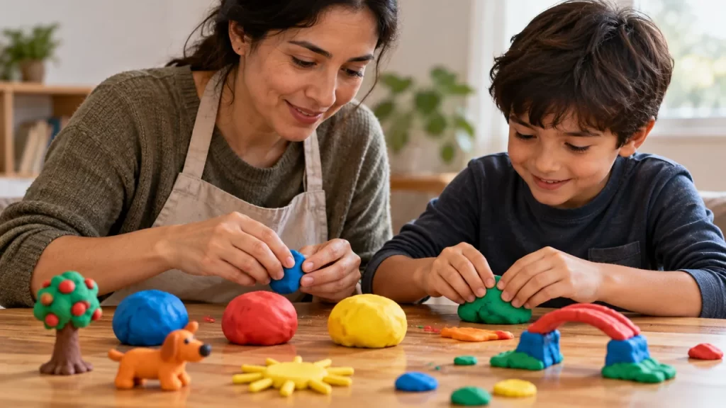 Plastilina casera cocida: receta para preparar con un adulto 1 Adulto y estudiante modelando figuras con masa de colores sobre una mesa.