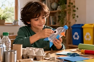 Niño reutilizando una botella para hacer una manualidad.