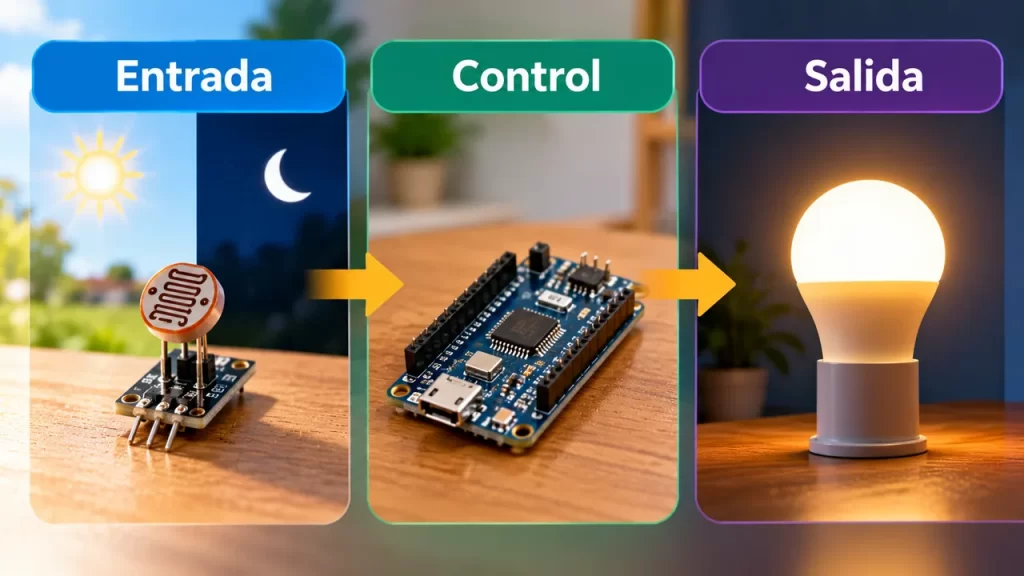 Qué es la electrónica: señales, componentes y respuestas 1 Tres bloques muestran Entrada, Control y Salida con sensor, placa y lámpara.