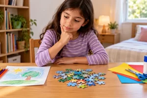 Una niña considera materiales para dibujar, resolver un rompecabezas o hacer una manualidad.