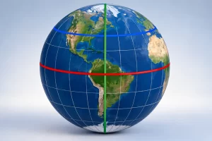 Globo ilustrado con un paralelo rojo, un meridiano verde y un paralelo azul al norte.