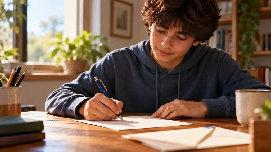 Abreviatura de posdata: cómo escribir P. D. con ejemplos 1 Un joven escribe una carta junto a varios sobres sobre una mesa.
