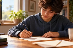 Un joven escribe una carta junto a varios sobres sobre una mesa.