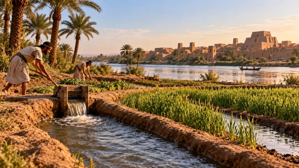 Mesopotamia: ríos, ciudades y los comienzos de la escritura 1 Paisaje imaginado con campos regados, canales y una ciudad antigua junto a un río.