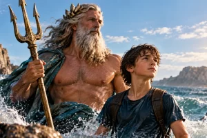 Un dios marino con tridente aparece junto a un joven en una escena fantástica.