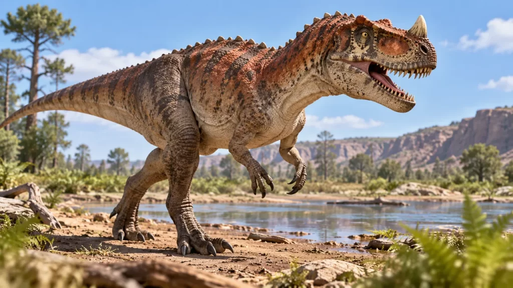 Ceratosaurus imaginado junto al agua con un cuerno nasal y pequeñas placas en el dorso.