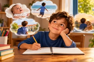 Un niño escribe en un cuaderno mientras imagina recuerdos de su infancia.