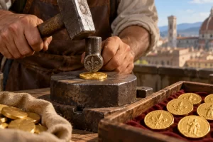 Artesano acuñando monedas con martillo y troquel en un taller imaginado.