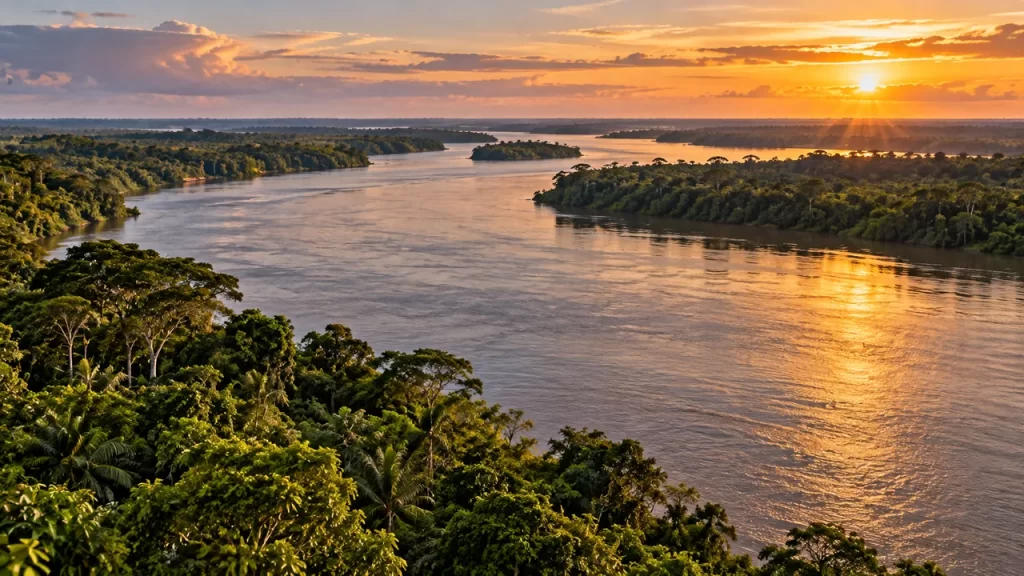 Paisaje ilustrado de un río tropical ancho rodeado de bosque.