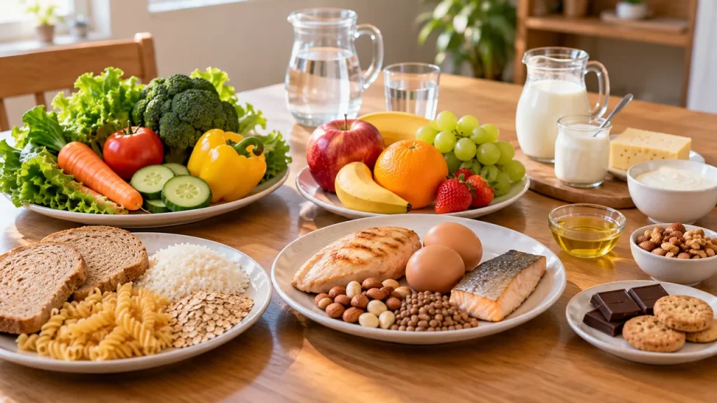 Pirámide alimenticia para niños: cómo leerla sin confusiones 1 Alimentos variados aparecen repartidos en platos sobre una mesa.