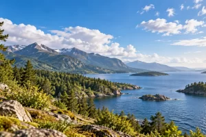 Paisaje ilustrado con montañas, rocas, bosque, agua y nubes.
