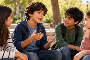 Cuatro amigos conversan al aire libre.