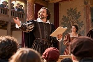 Actor con un manuscrito en un escenario de época.