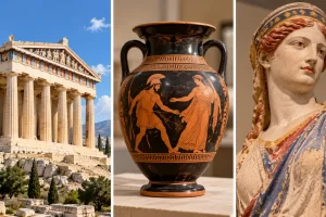 Tres escenas artísticas muestran un templo griego, una vasija decorada y una escultura con color.