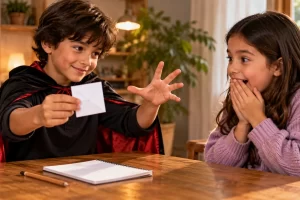 Niño mostrando un papel doblado durante un truco a una amiga.